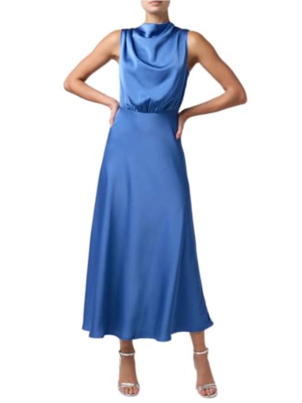 Satin Midi Dress Mock Neck Keyhole Back Formal